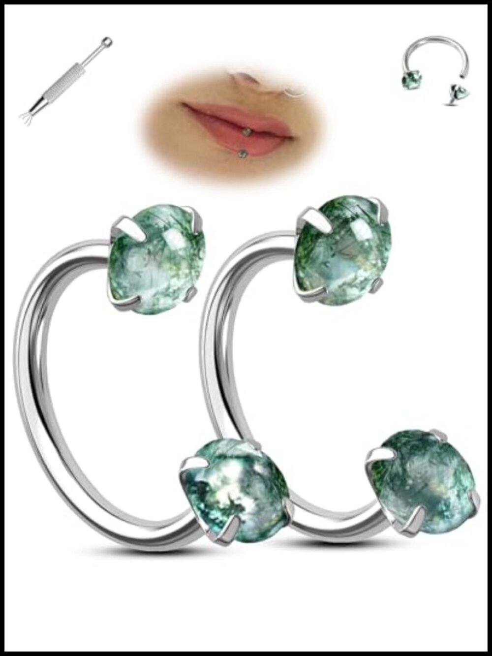 2pc 16G Surgical Steel Horseshoe Lip Ring with Cubic Zirconia - Internally